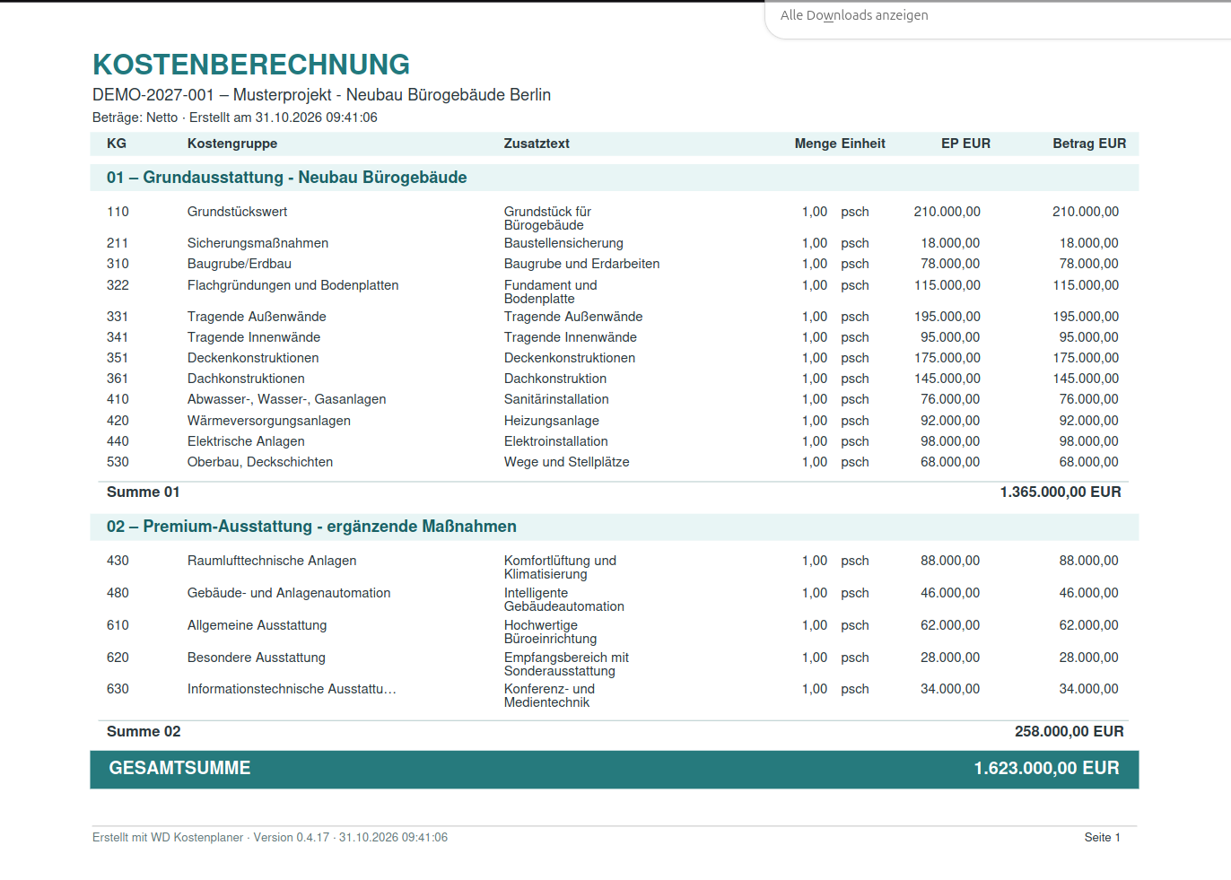 WD Kostenplaner: PDF-Kostenberechnung