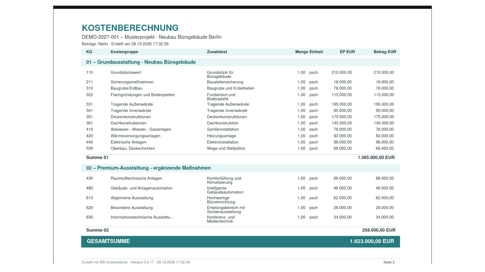 WD Kostenplaner Version 2.0 – PDF-Kostenberechnung
