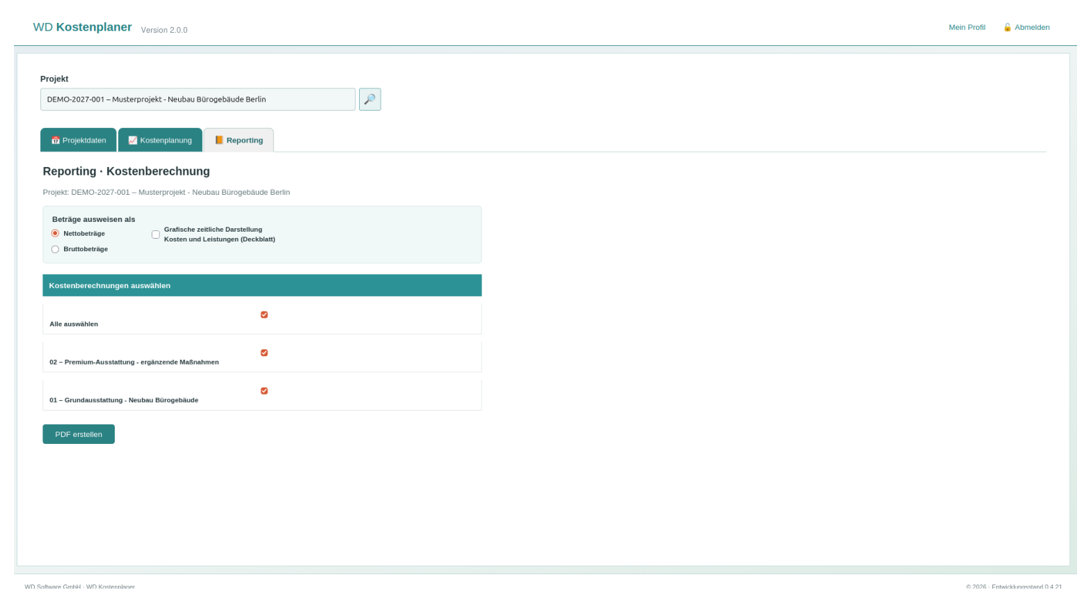 WD Kostenplaner Version 2.0 – Reporting konfigurieren